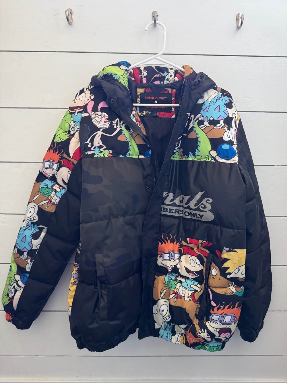 Members Only Black Puffer Cartoon-Print Jacket x Nickelodeon x Rugrats Camo